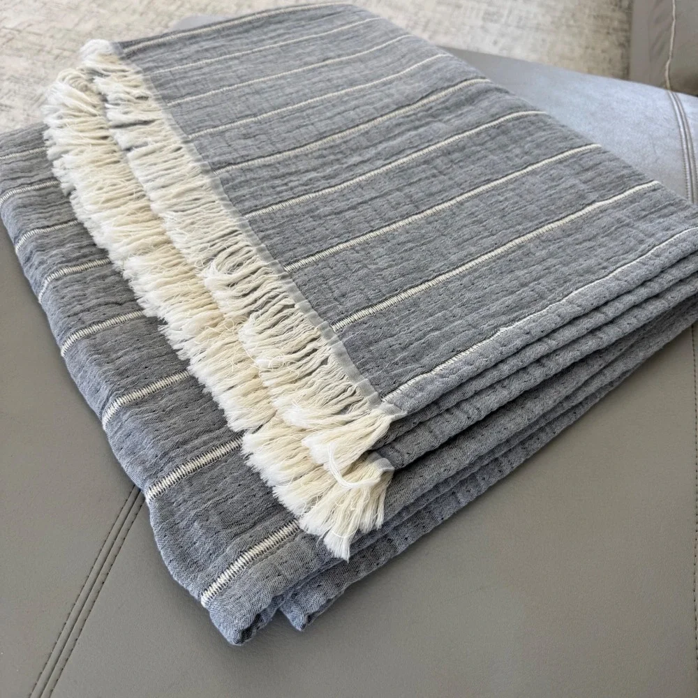 MM Piscatextil Grey Striped Cotton Throw Blanket with Fringe 92-55 Made Portugal